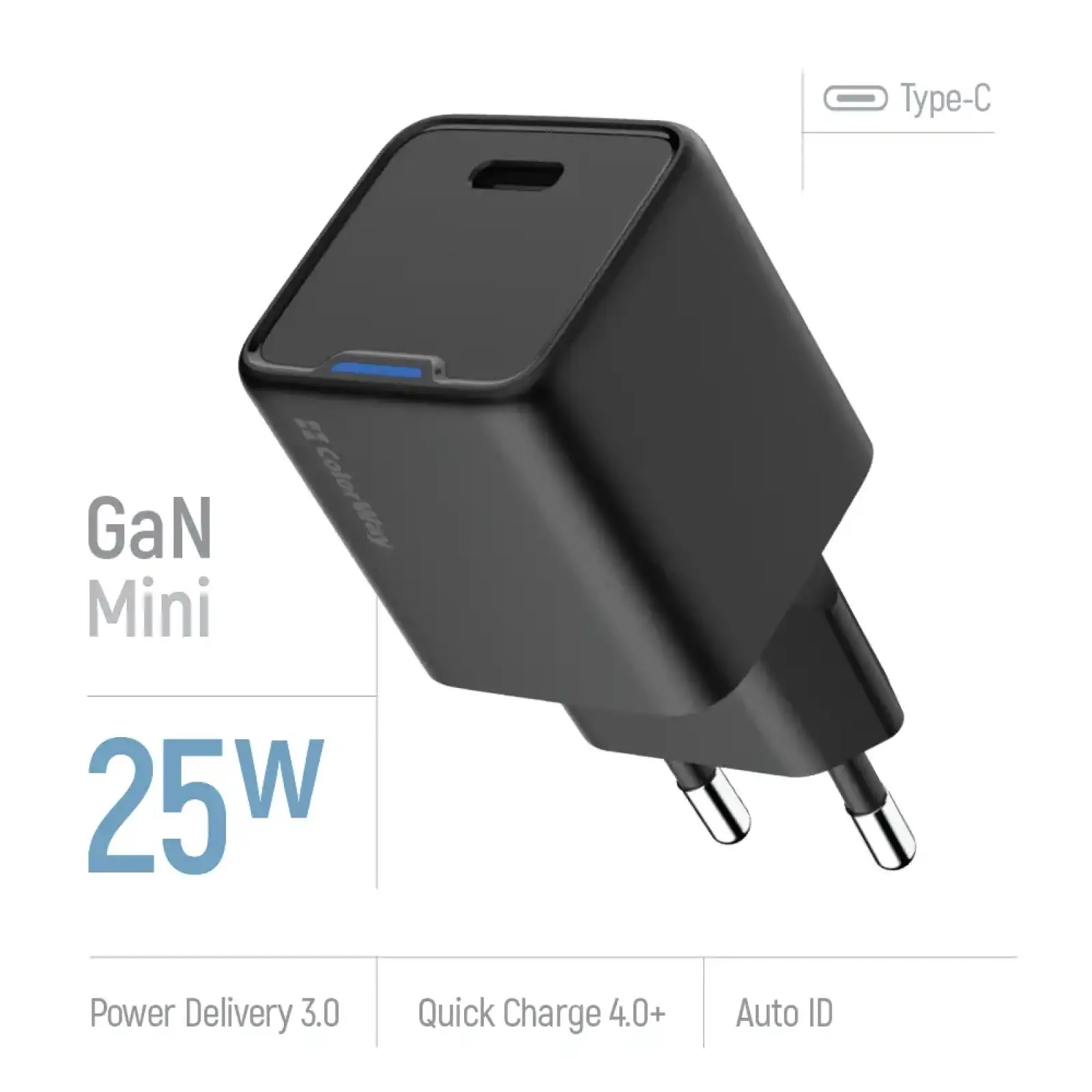СЗУ ColorWay GaN Mini 25W PD Port PPS USB-C Black (CW-CHS052PD-BK) UA