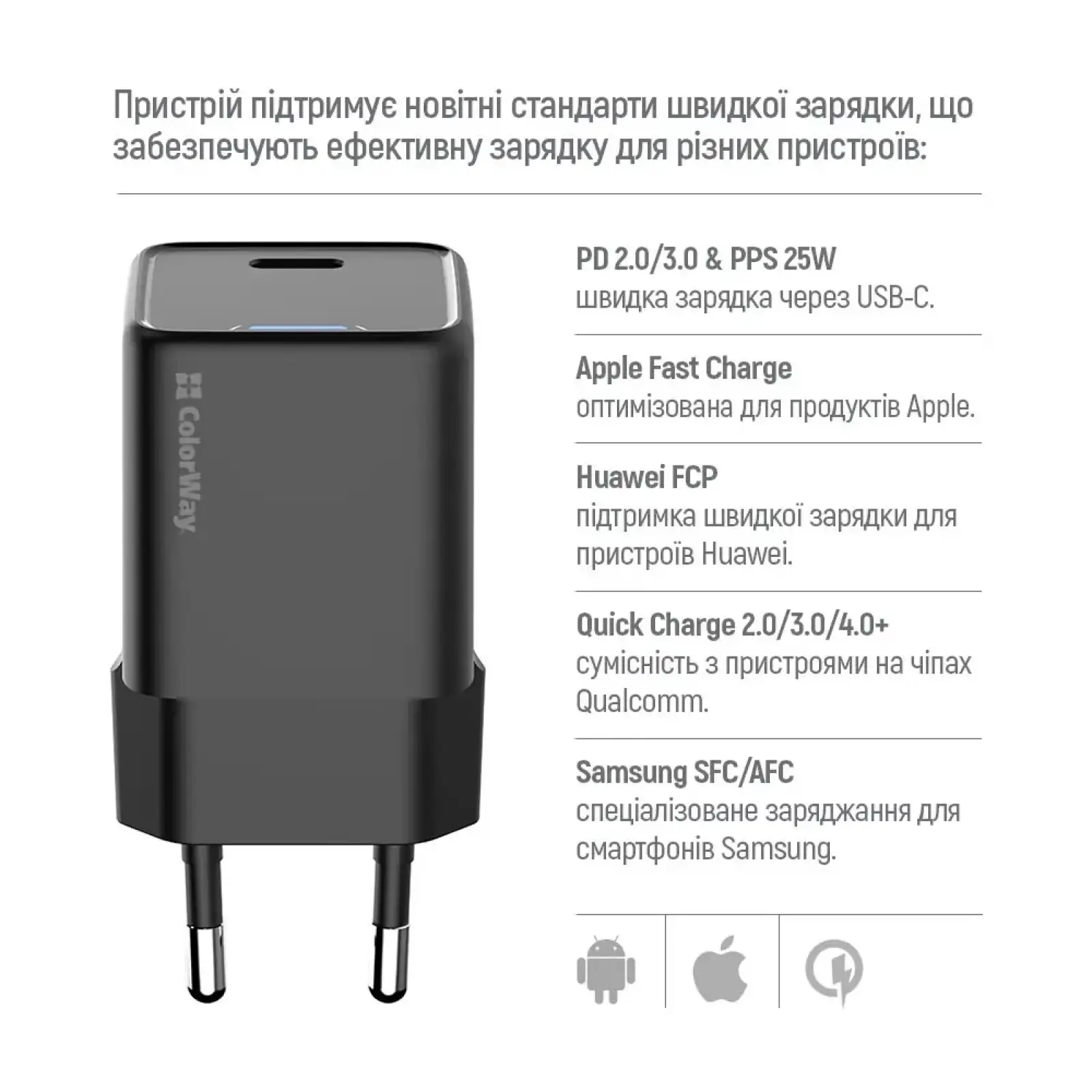 СЗУ ColorWay GaN Mini 25W PD Port PPS USB-C Black (CW-CHS052PD-BK) UA