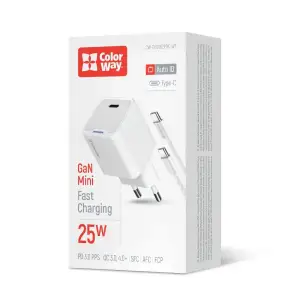 МЗП ColorWay GaN Mini 25W PD Port PPS USB-C White (CW-CHS052PDC-WT) + кабель USB Type-C UA