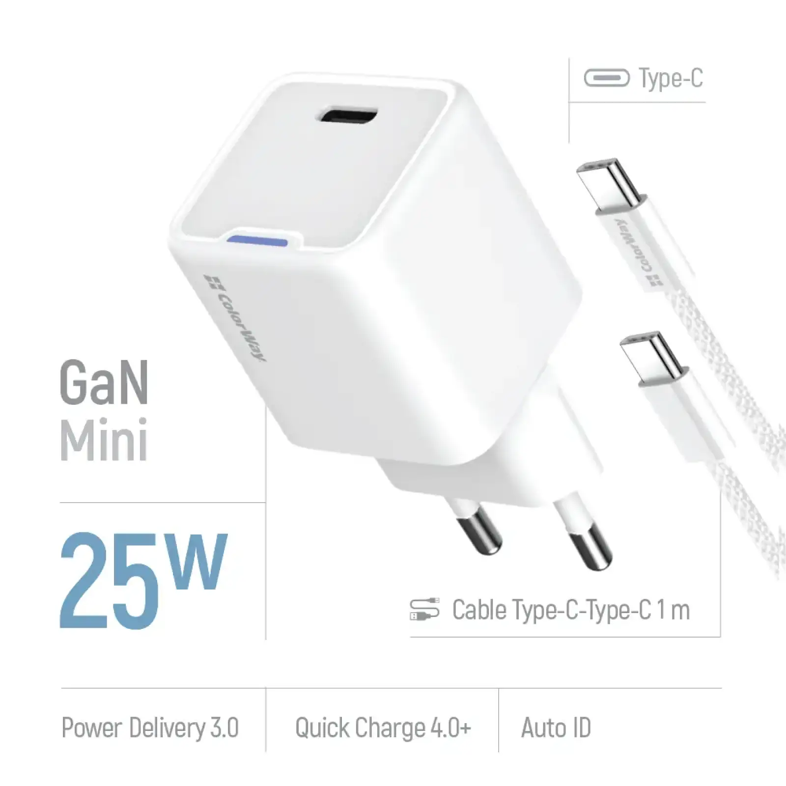 СЗУ ColorWay GaN Mini 25W PD Port PPS USB-C White (CW-CHS052PDC-WT) + кабель USB Type-C UA