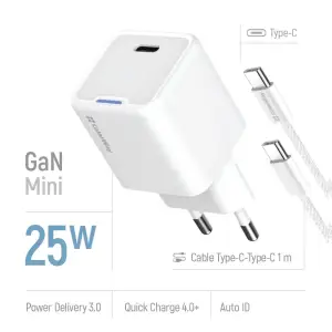 СЗУ ColorWay GaN Mini 25W PD Port PPS USB-C White (CW-CHS052PDC-WT) + кабель USB Type-C UA