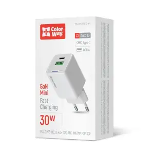 МЗП ColorWay GaN Mini 30W PD Port PPS USB (Type-C PD + USB QC4.0) White (CW-CHS053PD-WT) UA
