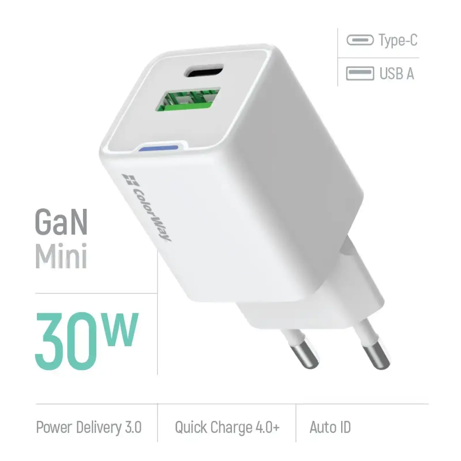СЗУ ColorWay GaN Mini 30W PD Port PPS USB (Type-C PD + USB QC4.0) White (CW-CHS053PD-WT) UA
