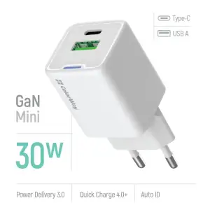 СЗУ ColorWay GaN Mini 30W PD Port PPS USB (Type-C PD + USB QC4.0) White (CW-CHS053PD-WT) UA