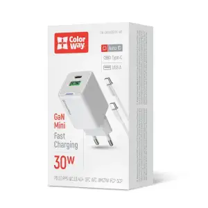 МЗП ColorWay GaN Mini 30W PD Port PPS USB (Type-C PD + USB QC4.0) White (CW-CHS053PDC-WT) + кабель USB Type-C UA