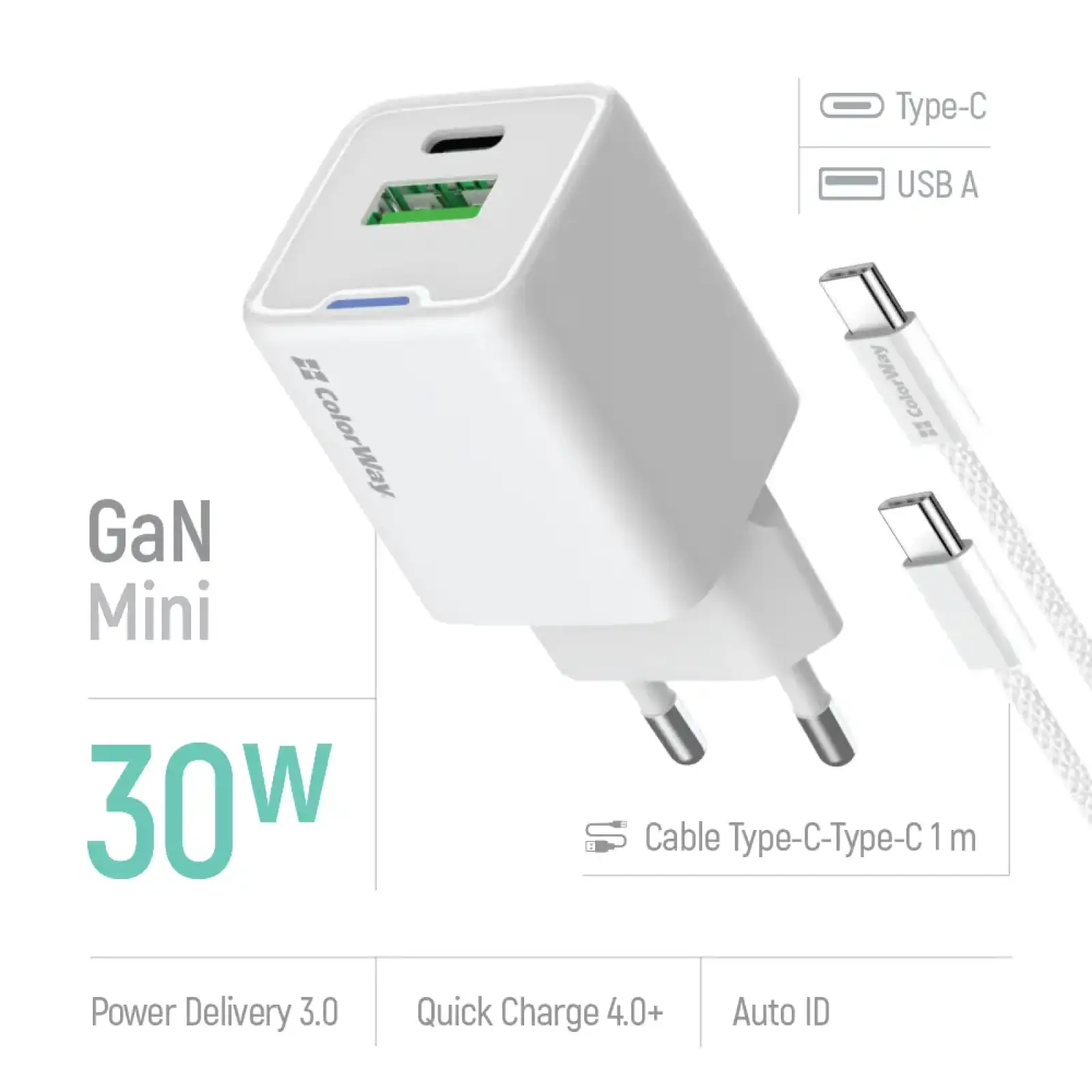 СЗУ ColorWay GaN Mini 30W PD Port PPS USB (Type-C PD + USB QC4.0) White (CW-CHS053PDC-WT) + кабель USB Type-C UA