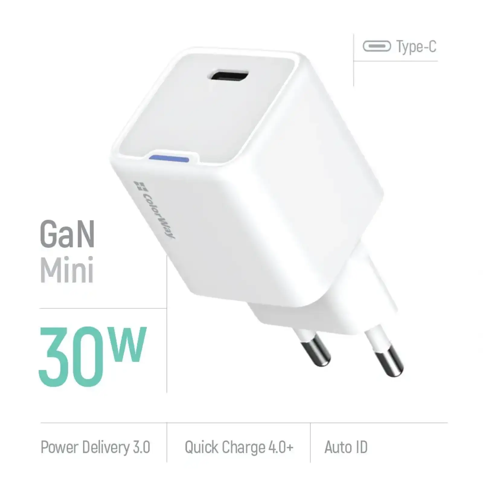 МЗП ColorWay GaN Mini 30W PD Port PPS USB-C White (CW-CHS054PD-WT) UA