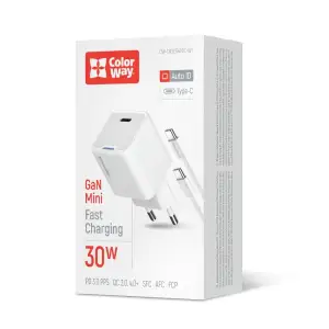МЗП ColorWay GaN Mini 30W PD Port PPS USB-C White (CW-CHS054PDC-WT) + кабель USB Type-C UA