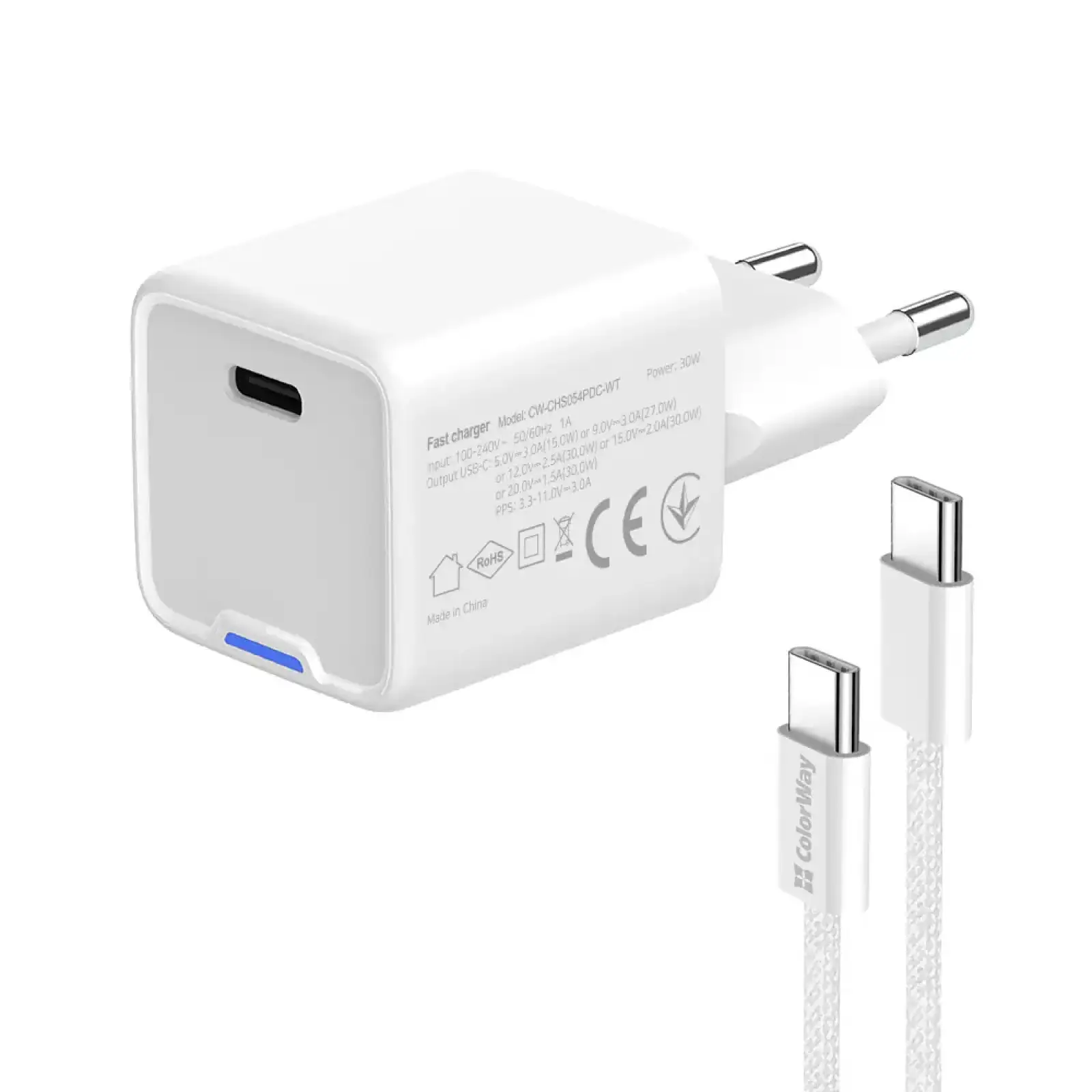 МЗП ColorWay GaN Mini 30W PD Port PPS USB-C White (CW-CHS054PDC-WT) + кабель USB Type-C UA
