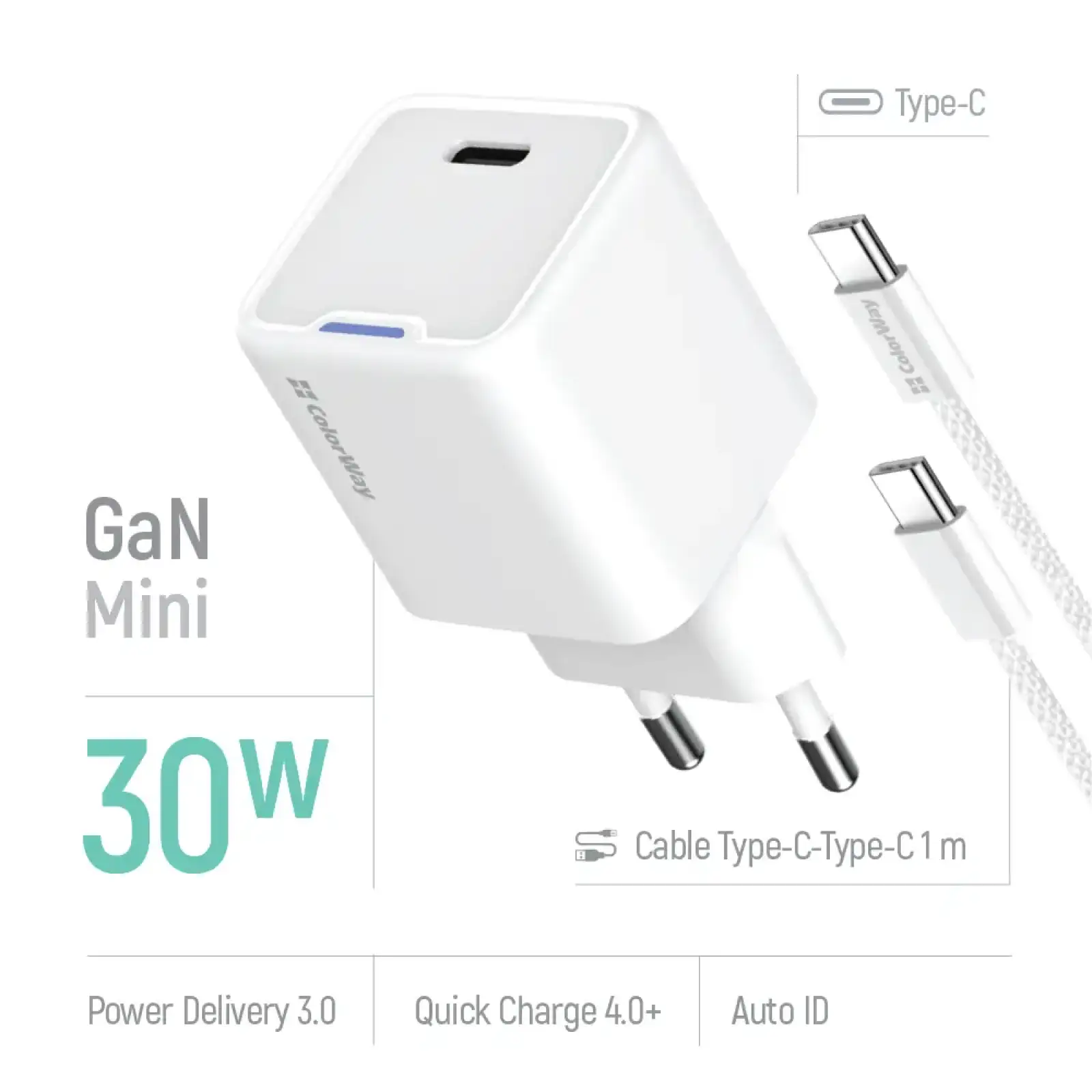 МЗП ColorWay GaN Mini 30W PD Port PPS USB-C White (CW-CHS054PDC-WT) + кабель USB Type-C UA