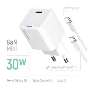 МЗП ColorWay GaN Mini 30W PD Port PPS USB-C White (CW-CHS054PDC-WT) + кабель USB Type-C UA