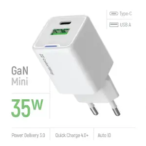 МЗП ColorWay GaN Mini 35W PD Port PPS USB (Type-C PD + USB QC4.0) White (CW-CHS055PD-WT) UA