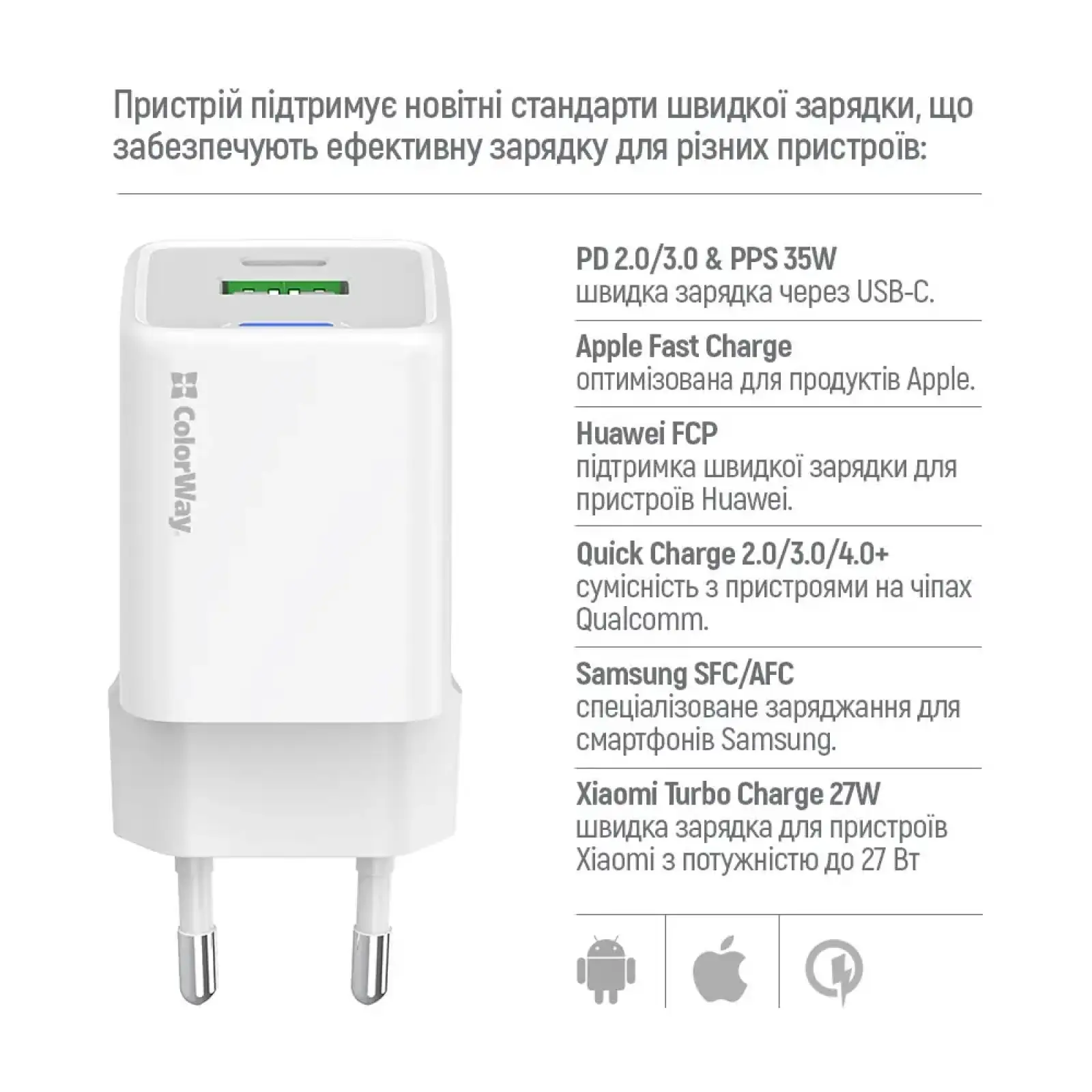 МЗП ColorWay GaN Mini 35W PD Port PPS USB (Type-C PD + USB QC4.0) White (CW-CHS055PD-WT) UA