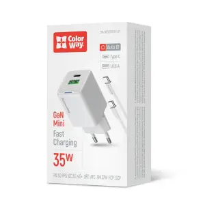 МЗП ColorWay GaN Mini 35W PD Port PPS USB (Type-C PD + USB QC4.0) White (CW-CHS055PDC-WT) + кабель USB Type-C UA