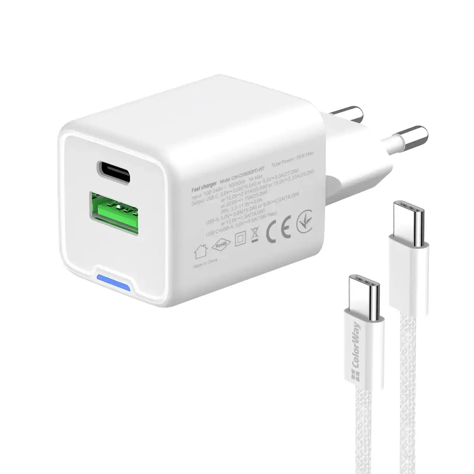 СЗУ ColorWay GaN Mini 35W PD Port PPS USB (Type-C PD + USB QC4.0) White (CW-CHS055PDC-WT) + кабель USB Type-C UA