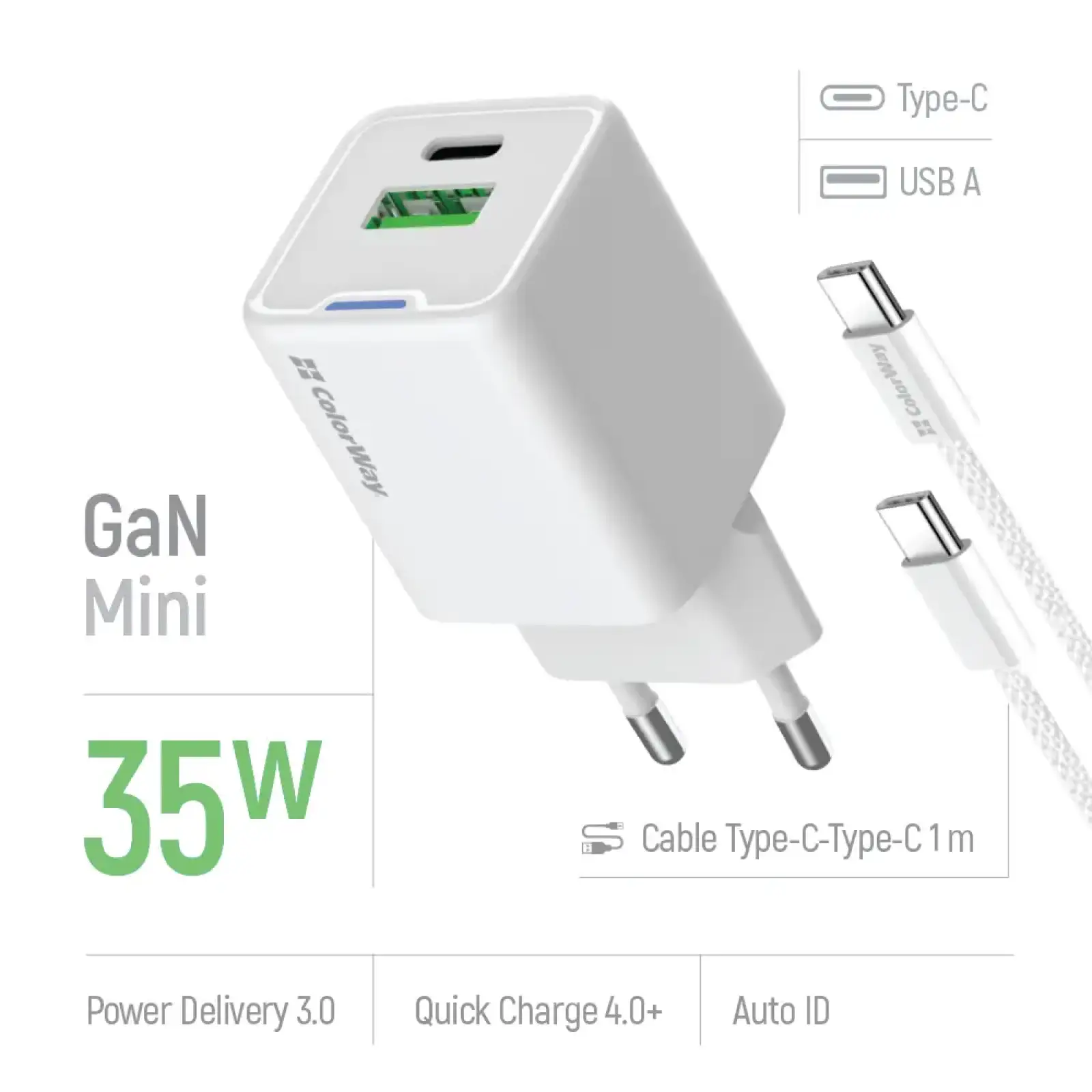 СЗУ ColorWay GaN Mini 35W PD Port PPS USB (Type-C PD + USB QC4.0) White (CW-CHS055PDC-WT) + кабель USB Type-C UA