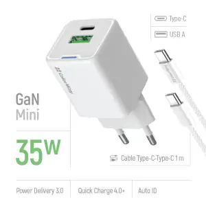 СЗУ ColorWay GaN Mini 35W PD Port PPS USB (Type-C PD + USB QC4.0) White (CW-CHS055PDC-WT) + кабель USB Type-C UA