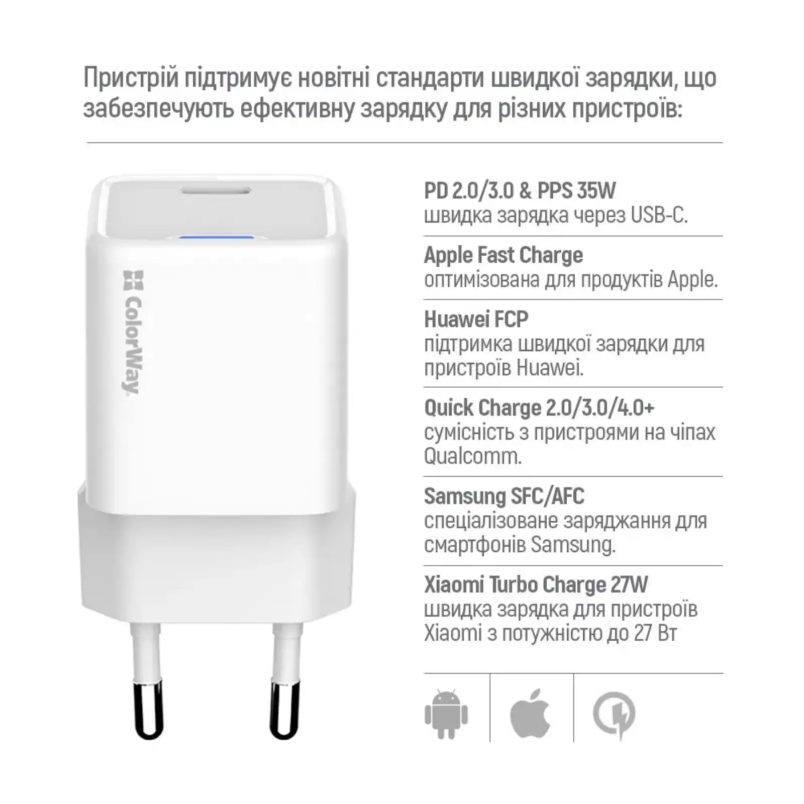 СЗУ ColorWay GaN Mini 35W PD Port PPS USB-C White (CW-CHS056PD-WT) UA