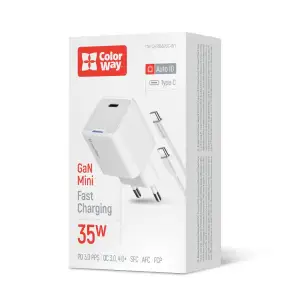 СЗУ ColorWay GaN Mini 35W PD Port PPS USB-C White (CW-CHS056PDC-WT) + кабель USB Type-C UA