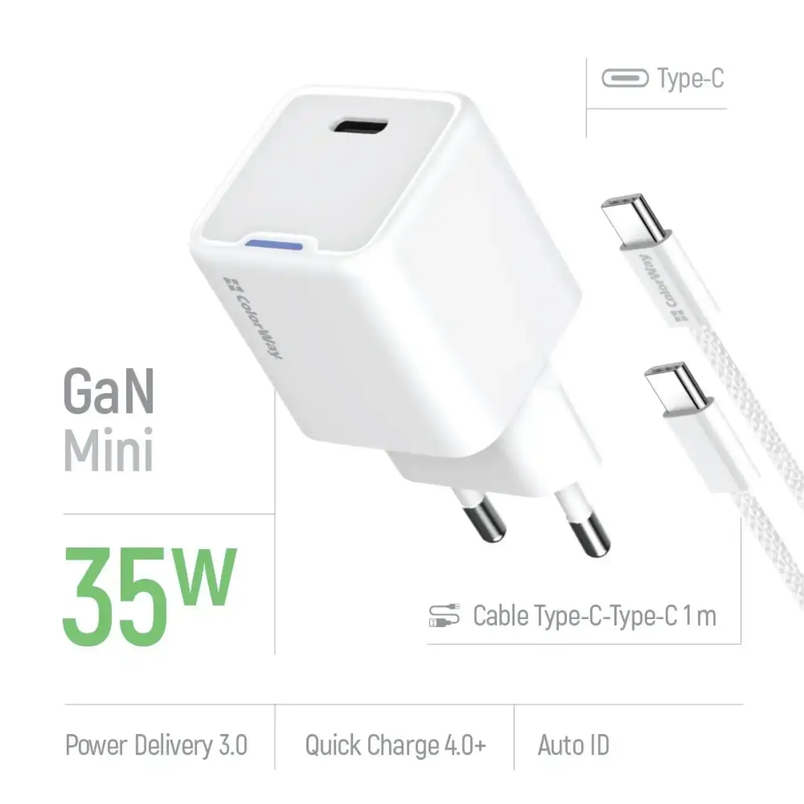 СЗУ ColorWay GaN Mini 35W PD Port PPS USB-C White (CW-CHS056PDC-WT) + кабель USB Type-C UA