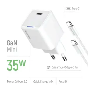 СЗУ ColorWay GaN Mini 35W PD Port PPS USB-C White (CW-CHS056PDC-WT) + кабель USB Type-C UA