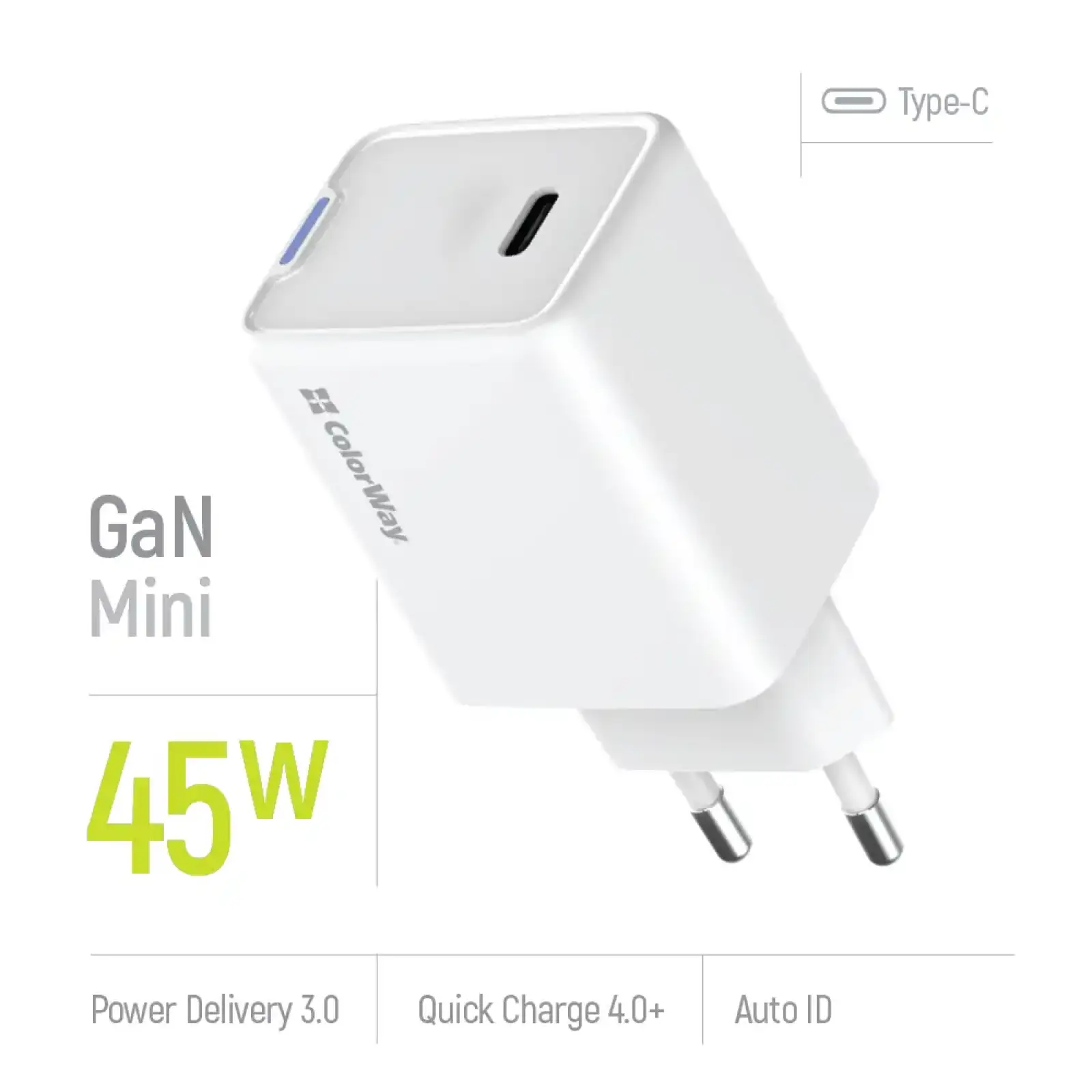 СЗУ ColorWay GaN Mini 45W PD Port PPS USB-C White (CW-CHS057PD-WT) UA