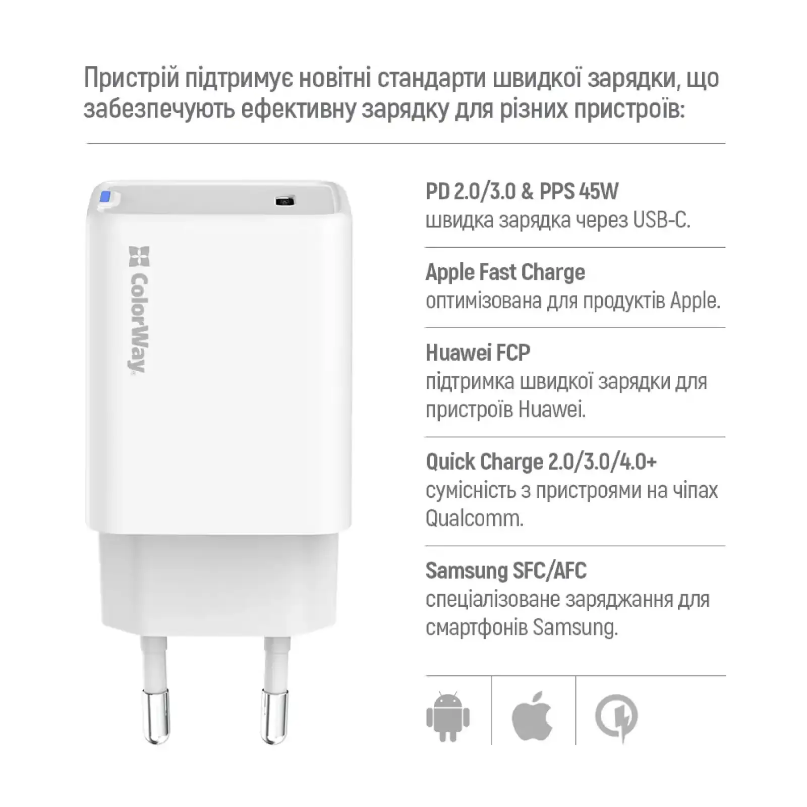 СЗУ ColorWay GaN Mini 45W PD Port PPS USB-C White (CW-CHS057PD-WT) UA