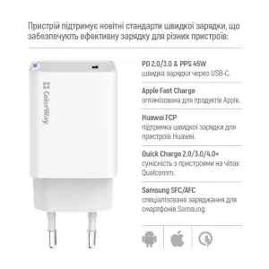 СЗУ ColorWay GaN Mini 45W PD Port PPS USB-C White (CW-CHS057PD-WT) UA