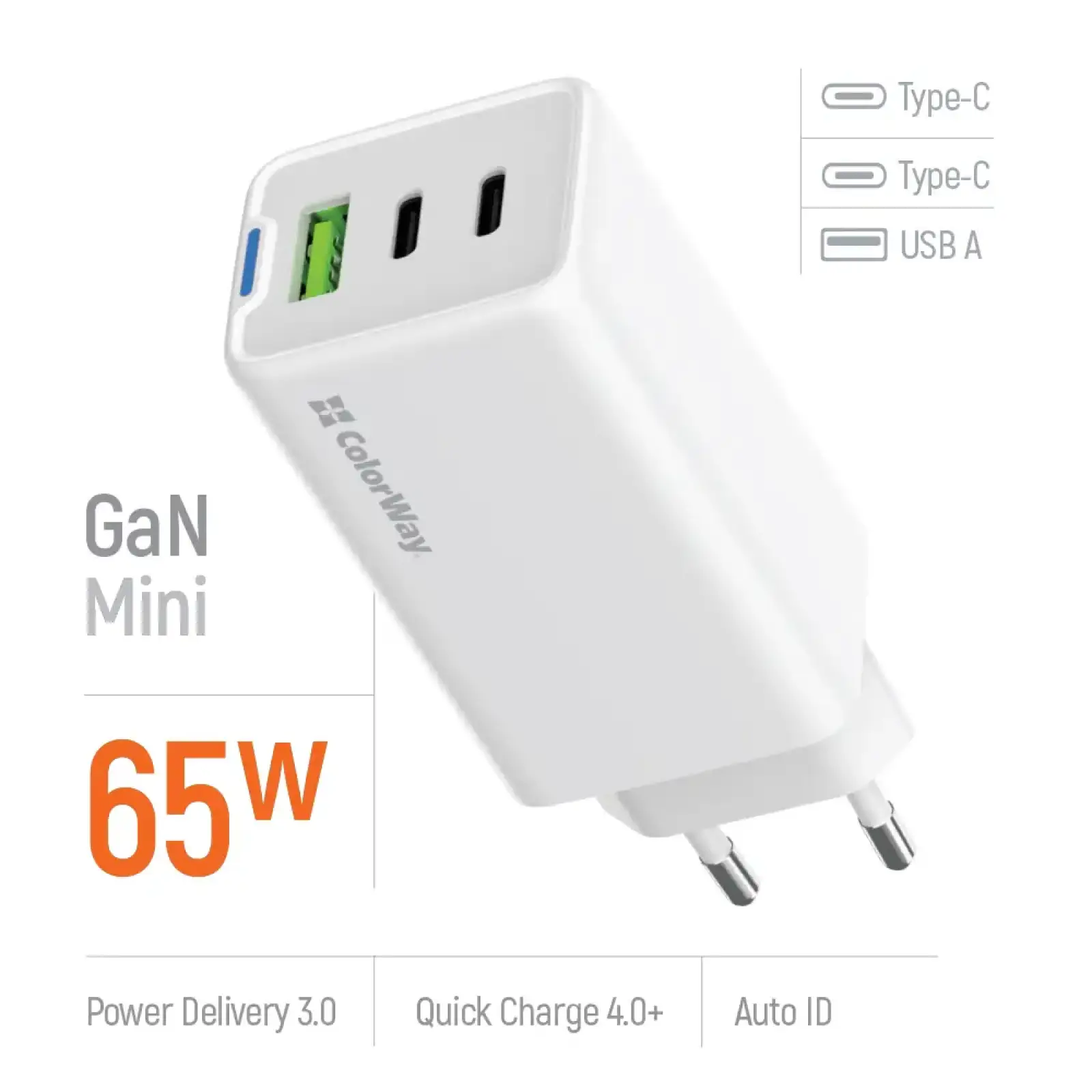СЗУ ColorWay GaN Mini 65W PD Port PPS USB (USB-2C1A) White (CW-CHS058PD-WT) UA