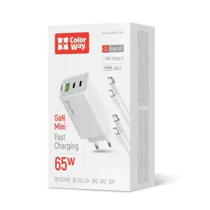 СЗУ ColorWay GaN Mini 65W PD Port PPS USB (USB-2C1A) White (CW-CHS058PDCL-WT) + кабель Type-C&Lightning UA