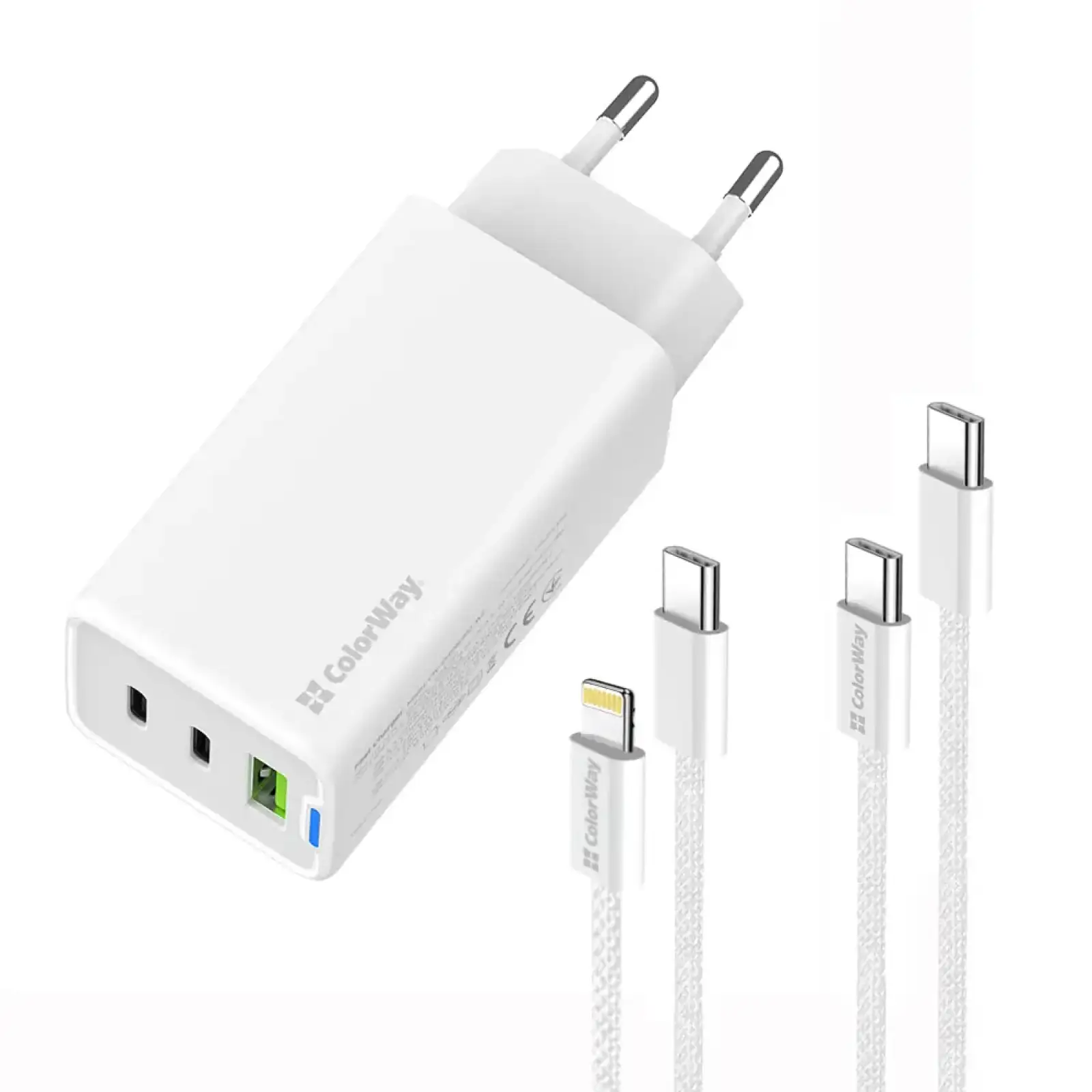 МЗП ColorWay GaN Mini 65W PD Port PPS USB (USB-2C1A) White (CW-CHS058PDCL-WT) + кабель Type-C&Lightning UA