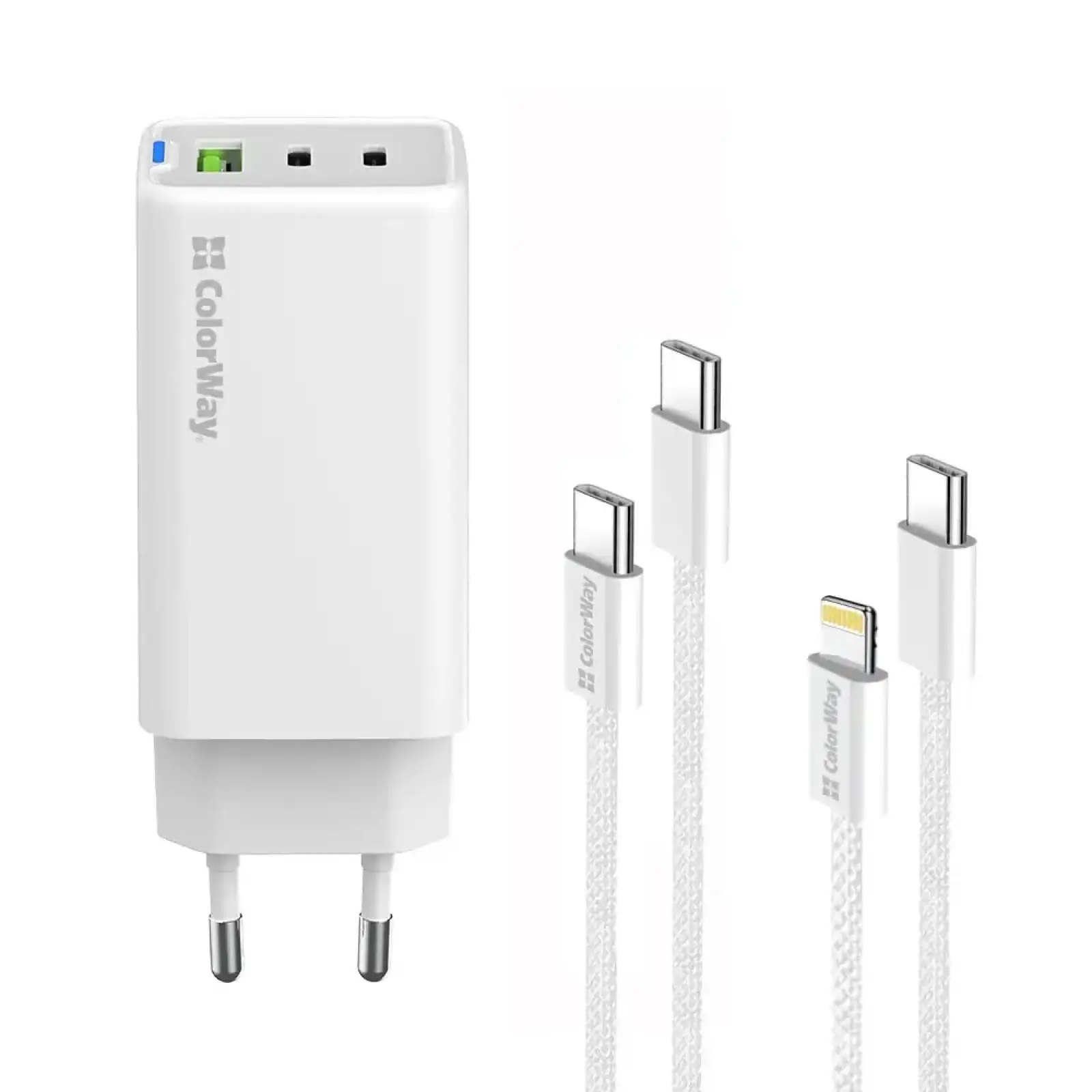 МЗП ColorWay GaN Mini 65W PD Port PPS USB (USB-2C1A) White (CW-CHS058PDCL-WT) + кабель Type-C&Lightning UA