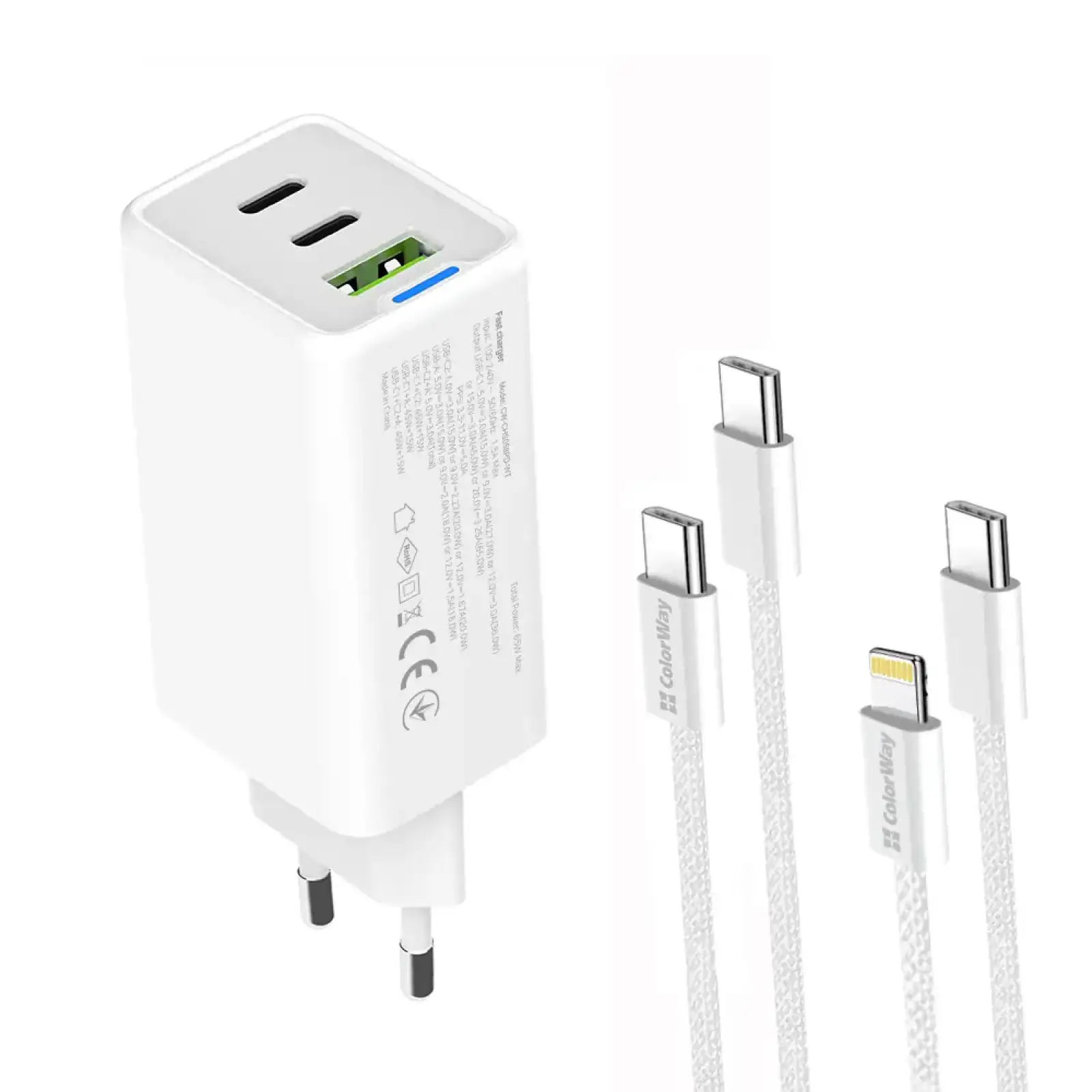 МЗП ColorWay GaN Mini 65W PD Port PPS USB (USB-2C1A) White (CW-CHS058PDCL-WT) + кабель Type-C&Lightning UA