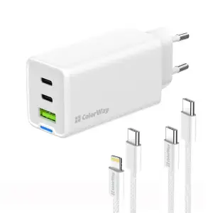 МЗП ColorWay GaN Mini 65W PD Port PPS USB (USB-2C1A) White (CW-CHS058PDCL-WT) + кабель Type-C&Lightning UA