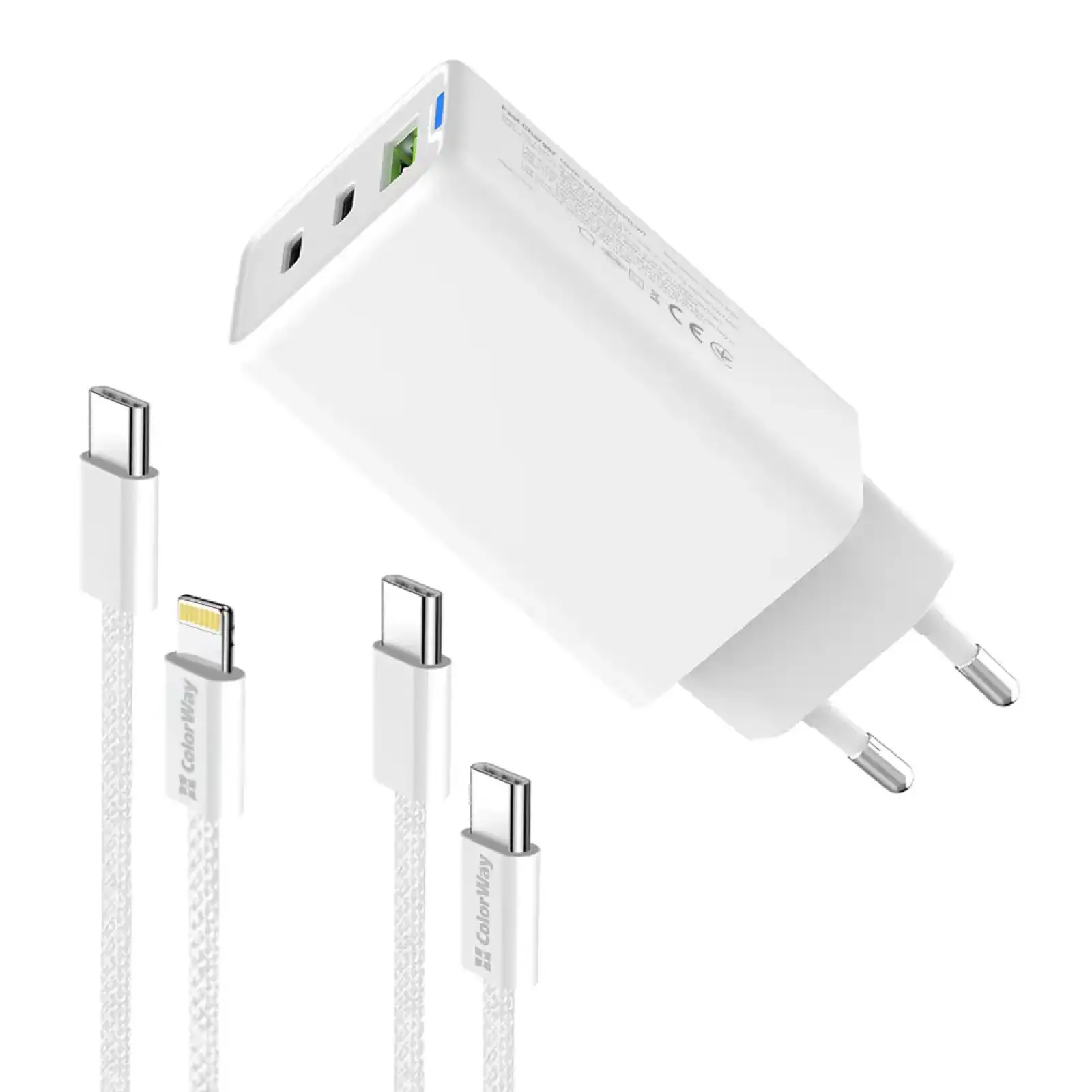 МЗП ColorWay GaN Mini 65W PD Port PPS USB (USB-2C1A) White (CW-CHS058PDCL-WT) + кабель Type-C&Lightning UA