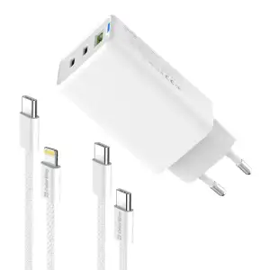 МЗП ColorWay GaN Mini 65W PD Port PPS USB (USB-2C1A) White (CW-CHS058PDCL-WT) + кабель Type-C&Lightning UA