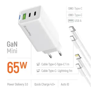 МЗП ColorWay GaN Mini 65W PD Port PPS USB (USB-2C1A) White (CW-CHS058PDCL-WT) + кабель Type-C&Lightning UA