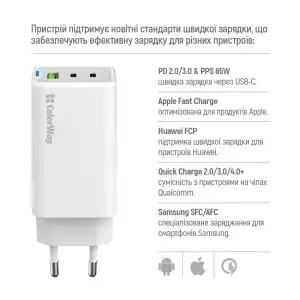 МЗП ColorWay GaN Mini 65W PD Port PPS USB (USB-2C1A) White (CW-CHS058PDCL-WT) + кабель Type-C&Lightning UA