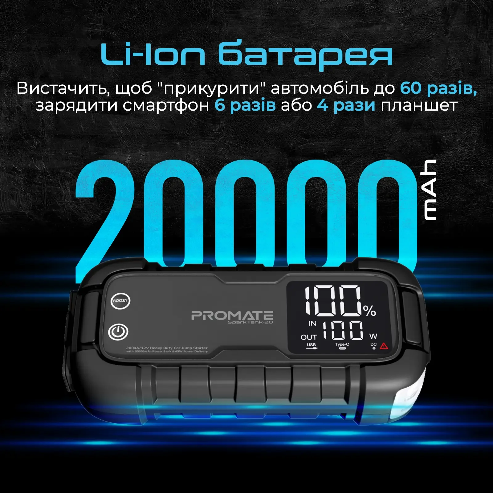 Пускозарядний пристрій Promate SparkTank-20 20000mAh 1000A/2000A Jump Starter Black UA
