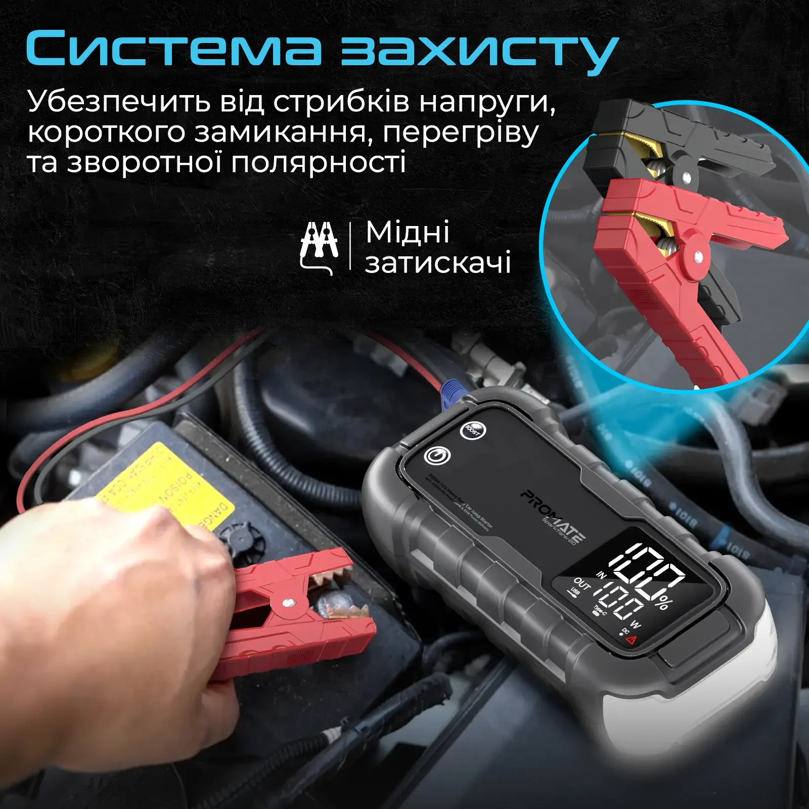 Пускозарядний пристрій Promate SparkTank-20 20000mAh 1000A/2000A Jump Starter Black UA