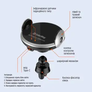Тримач автомобільний+бездротовий ЗП ColorWay AutoSense Car Wireless Charger 2 15W Black (CW-CHAW036Q-BK) UA