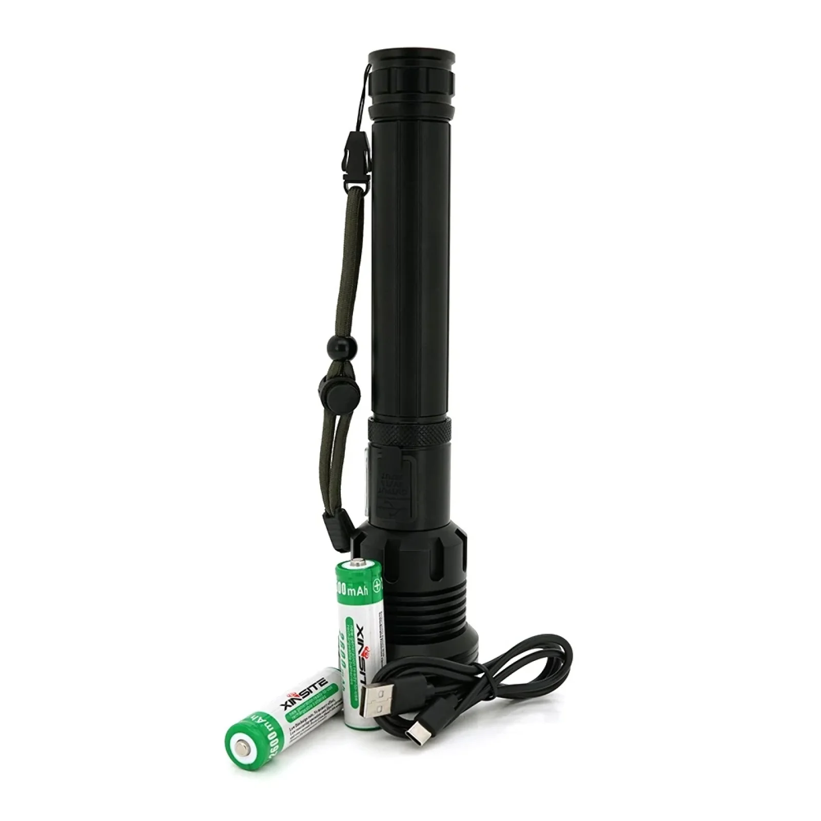 Ліхтарик ручний Voltronic XHP90, 45W, бічний світлодіод, 7 режимів, ZOOM,2х18650/6200mah, Black, IP40, кабель USB- Type-С, 260х60х35мм, BOX (28601) UA