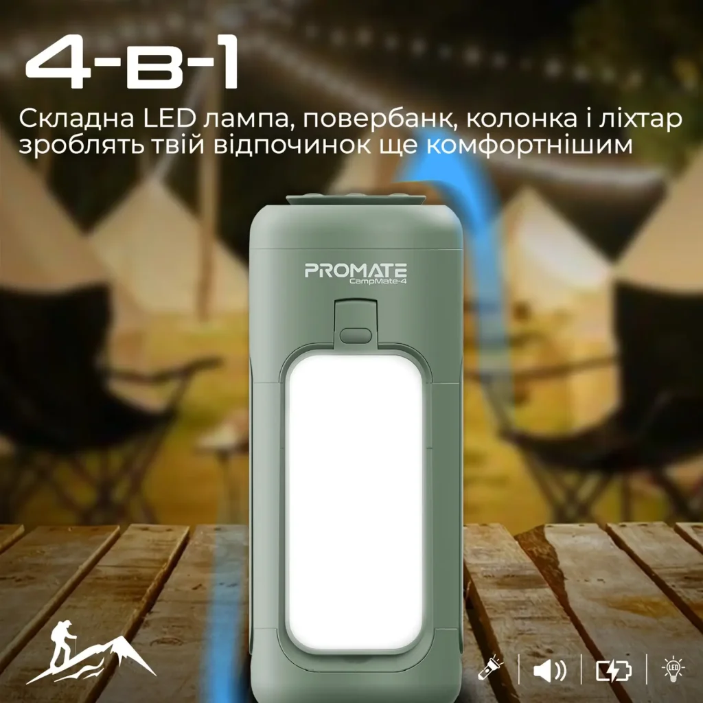 Фонарик кемпинговый Promate с Bluetooth колонкой и встроенным повербанком на 6000 мАч Green (campmate-4) UA