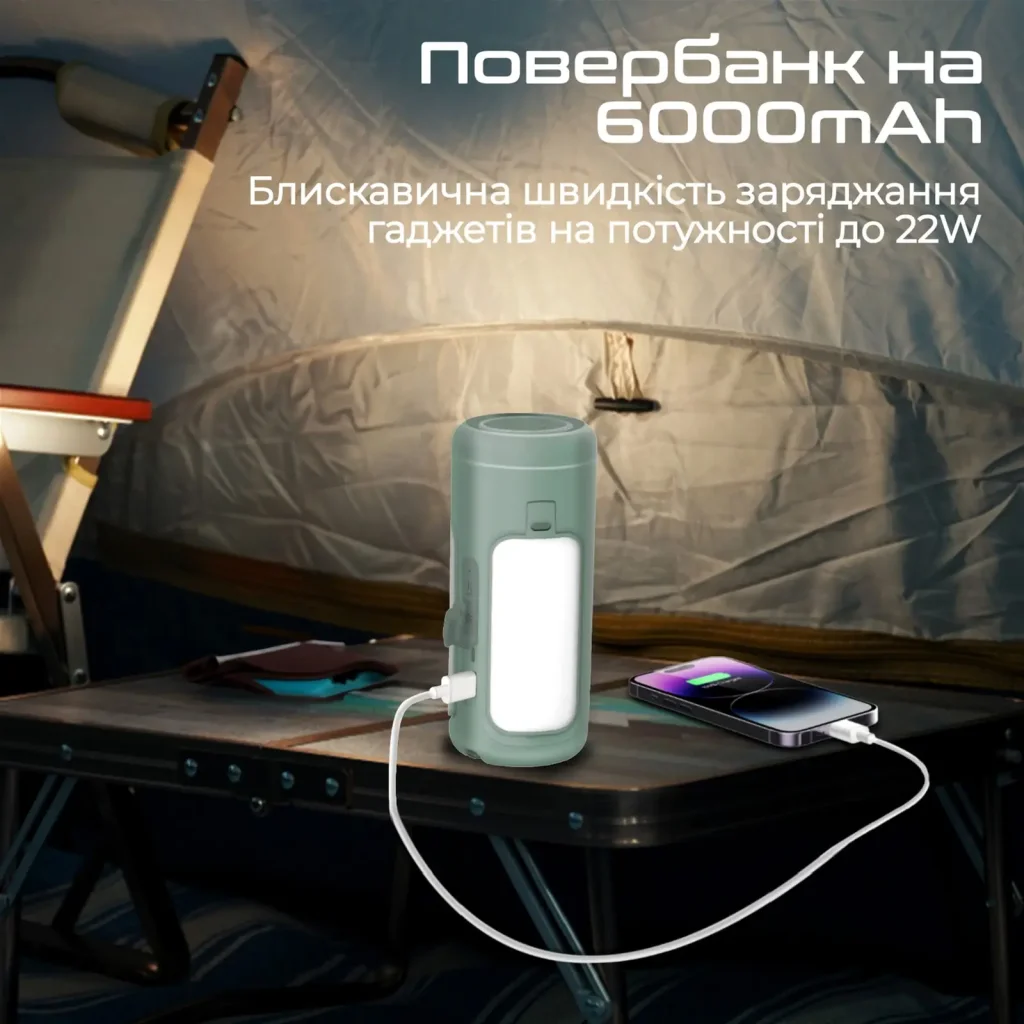 Фонарик кемпинговый Promate с Bluetooth колонкой и встроенным повербанком на 6000 мАч Green (campmate-4) UA
