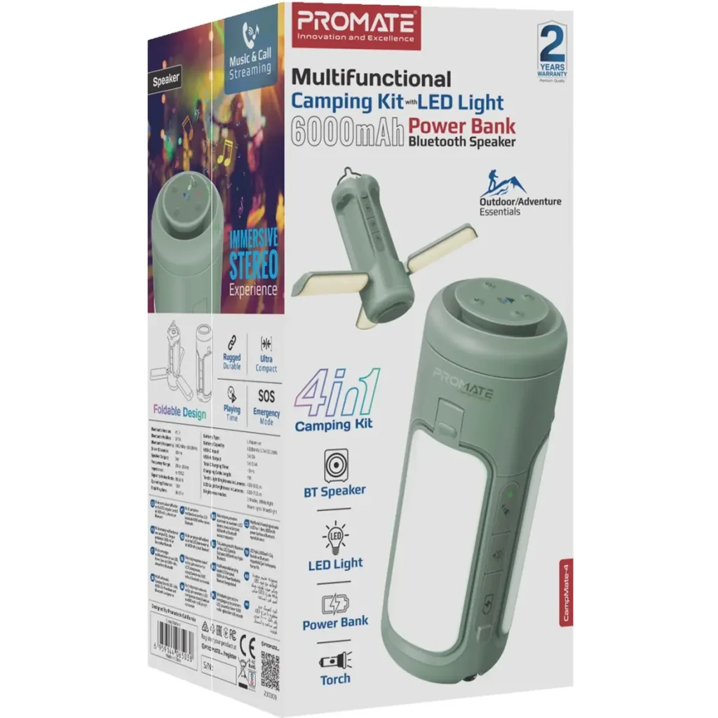 Фонарик кемпинговый Promate с Bluetooth колонкой и встроенным повербанком на 6000 мАч Green (campmate-4) UA