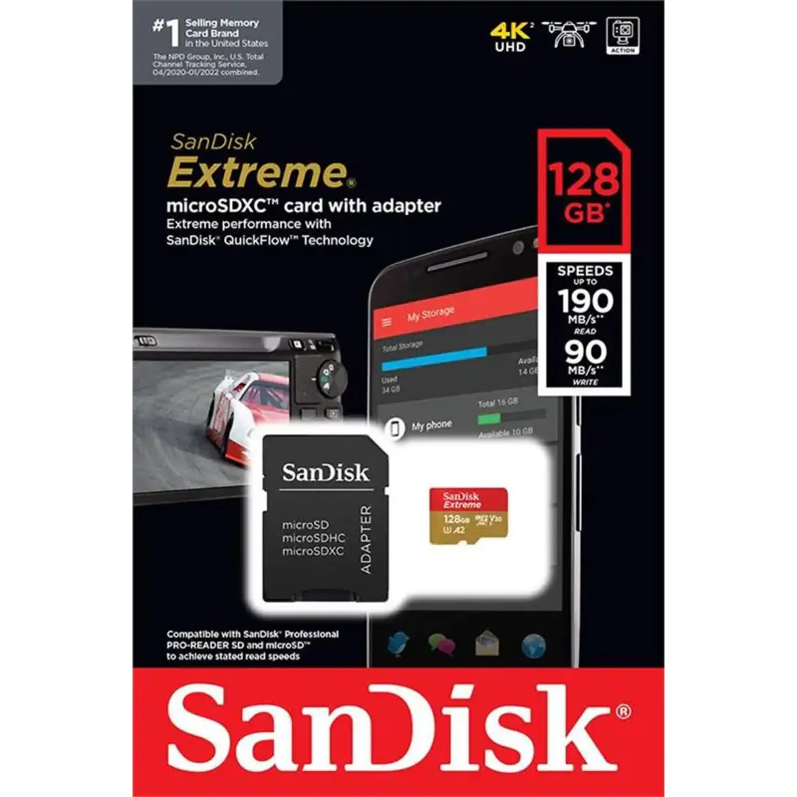 Карта пам`ятi MicroSDXC 128GB C10 UHS-I SanDisk Extreme V30 U3 R190/W90MB/s + SD (SDSQXAA-128G-GN6MA) UA