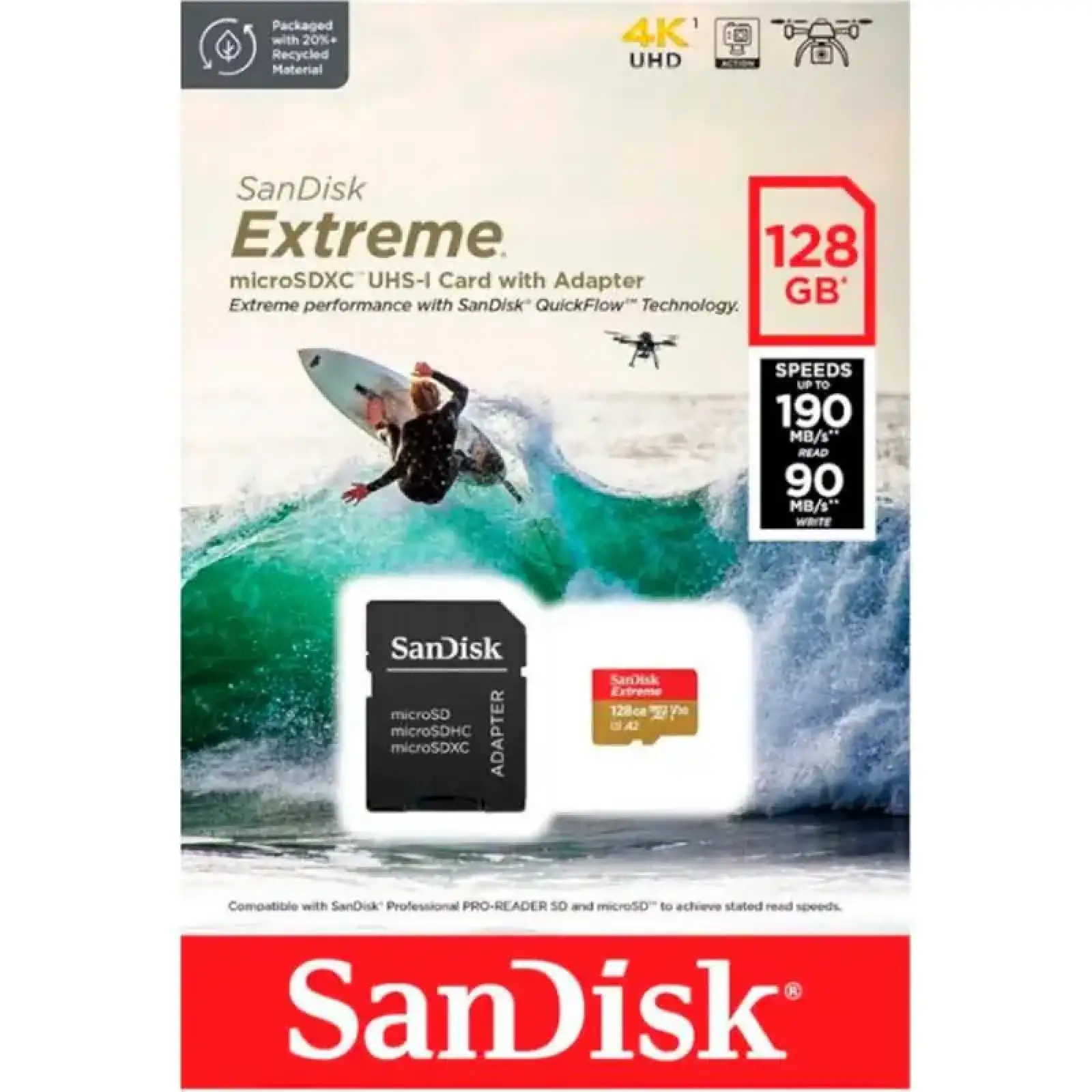 Карта памяти MicroSDXC 128GB UHS-I U3 R190/W90MB/s SanDisk Extreme V30 + SD-адаптер (SDSQXAA-128G-GN6AA) UA