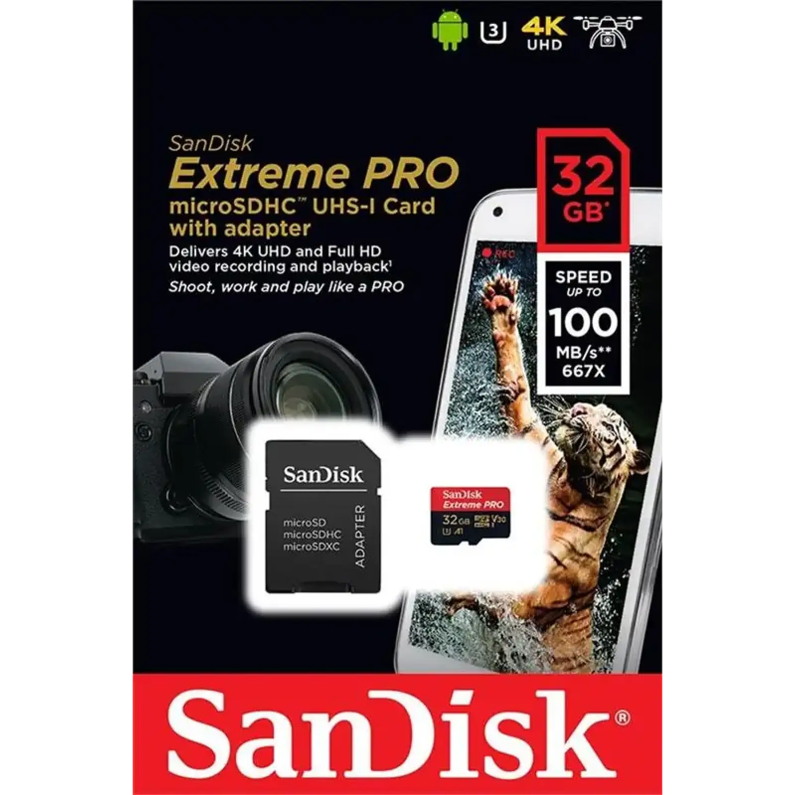 Карта памяти MicroSDHC 32GB UHS-I/U3 Class 10 SanDisk Extreme Pro A1 + SD-адаптер R100/W90MB/s (SDSQXCG-032G-GN6MA) UA