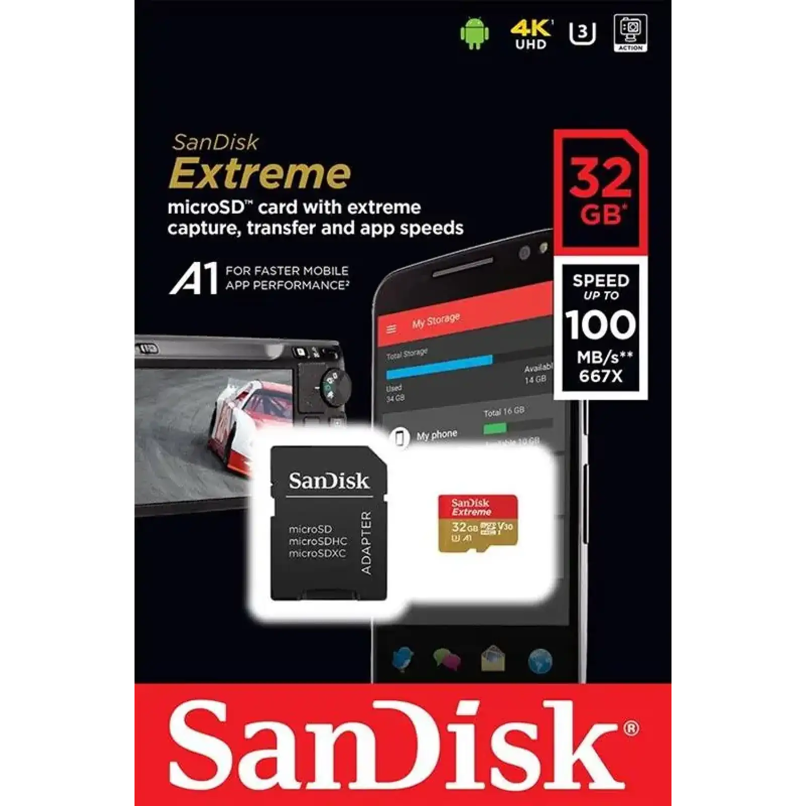 Карта памяти MicroSDHC 32GB UHS-I/U3 Class 10 SanDisk Extreme A1 R100/W60MB/s + SD-adapter (SDSQXAF-032G-GN6MA) UA