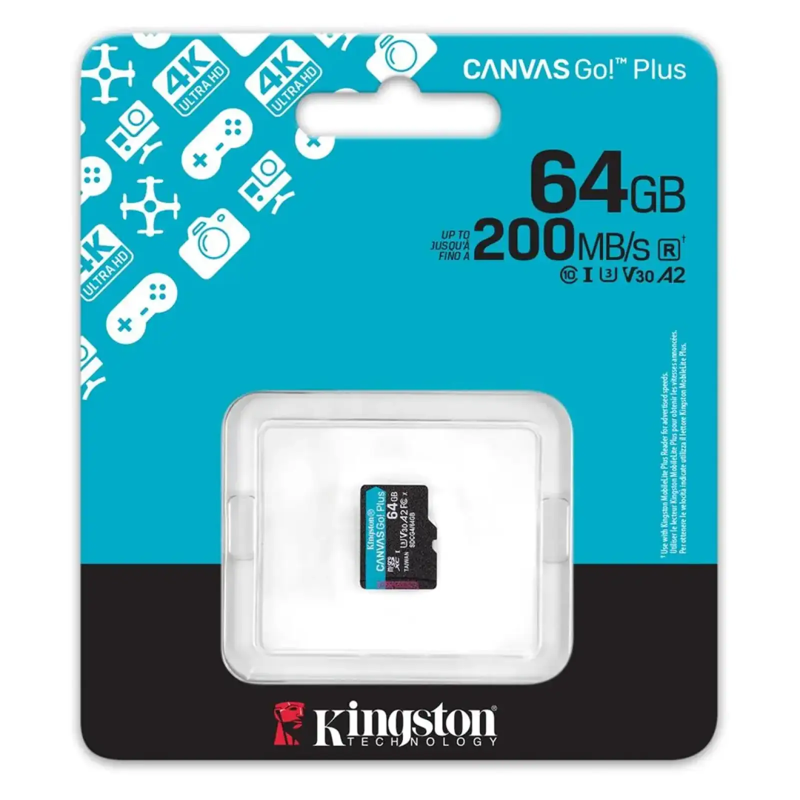 Карта пам`яті MicroSDXC 64GB UHS-I/U3 Class 10 Kingston Canvas Go! Plus R200/W200MB/s (SDCG4/64GBSP) UA